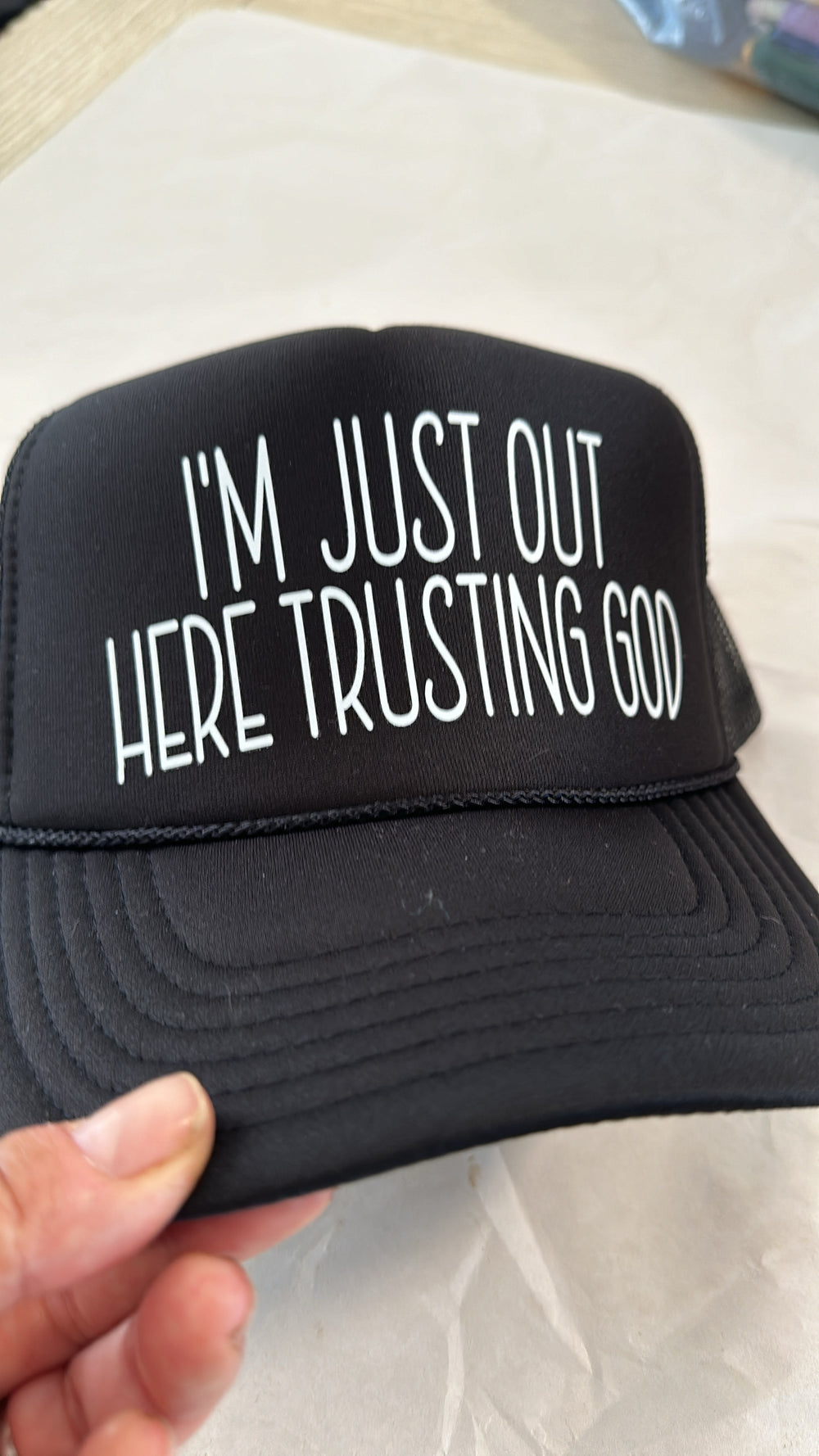 I’m Just Out Here Trusting God Trucker Hat